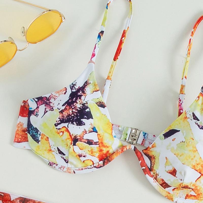 2025 European & American Three-Piece Print Bikini Set with Underwire & Half Skirt