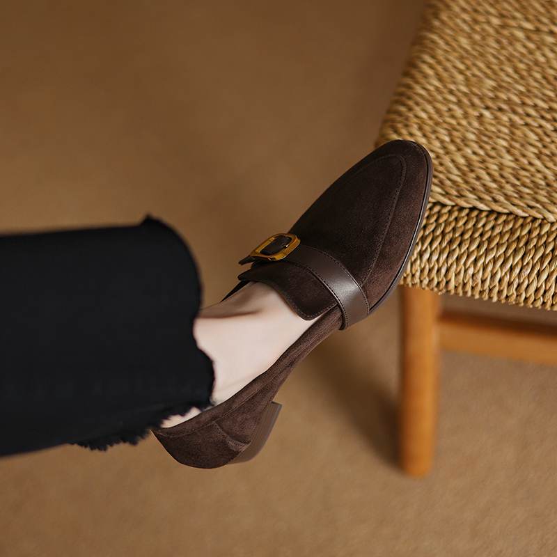 Krazing Pot Sheep Suede Autumn Winter Shoes Metal Buckle Loafers Med Heels Slip on Size 42 Round Toe Slip on Deep Mouth Pumps