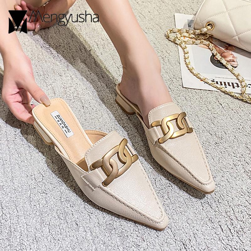 Fashion Plus Size 41/42 Women Metal Chain Slippers Square Low Heels Mules Ladies Sewing Shoes Summer Closed Pointed Toe Slides Sandalias