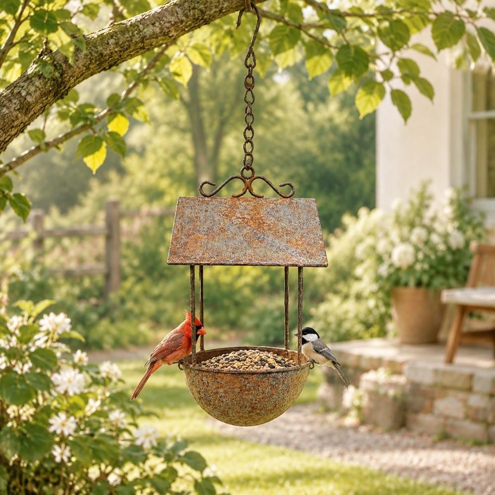 Rusty Red Hanging Bird Feeder Rainproof Water Feeding Station Creative Bird House Feeder Yard