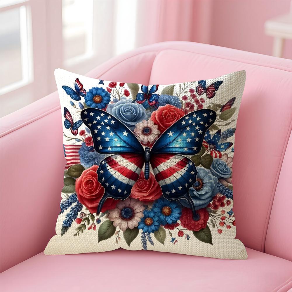 American Flag Butterfly Cushion Cover Natural Linen Pillow Case Double-Sided Print Decorative Sofa Pillowcase Home Decor Gift