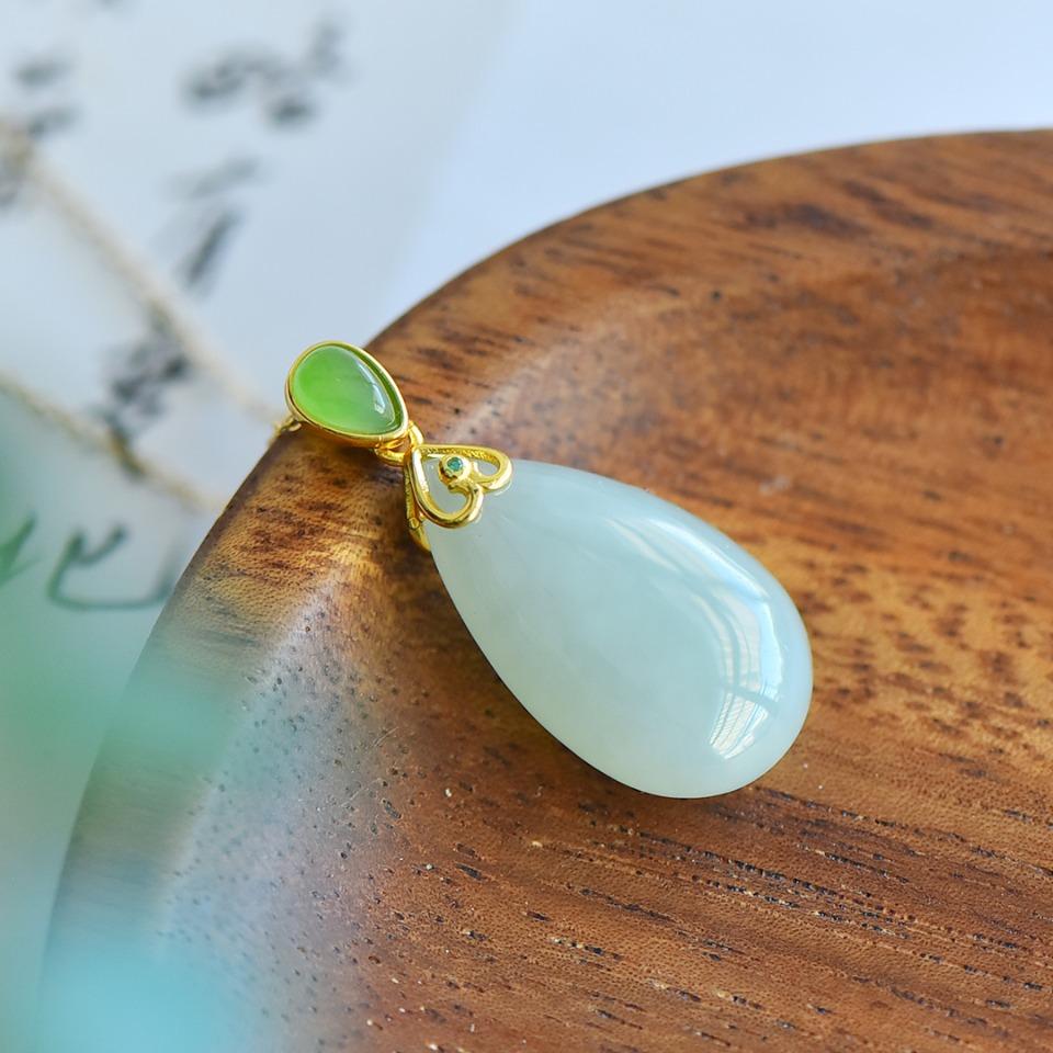 Xinjiang Hotan Jade S925 Silver Blue Water Drop Pendant Necklace with Certificate