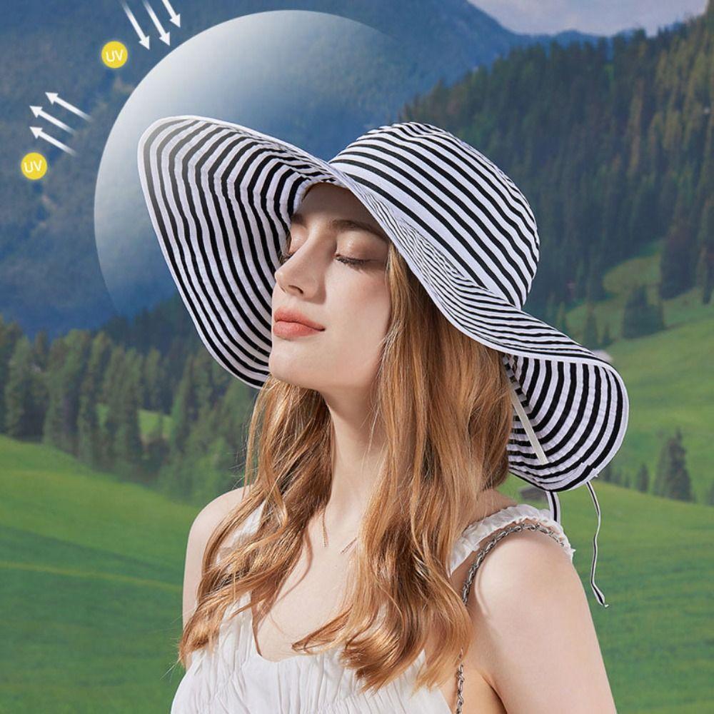 Bow Stripe Bucket Hat Wide Brim Sun Protection Cap Casual Fisherman Hat  Hiking