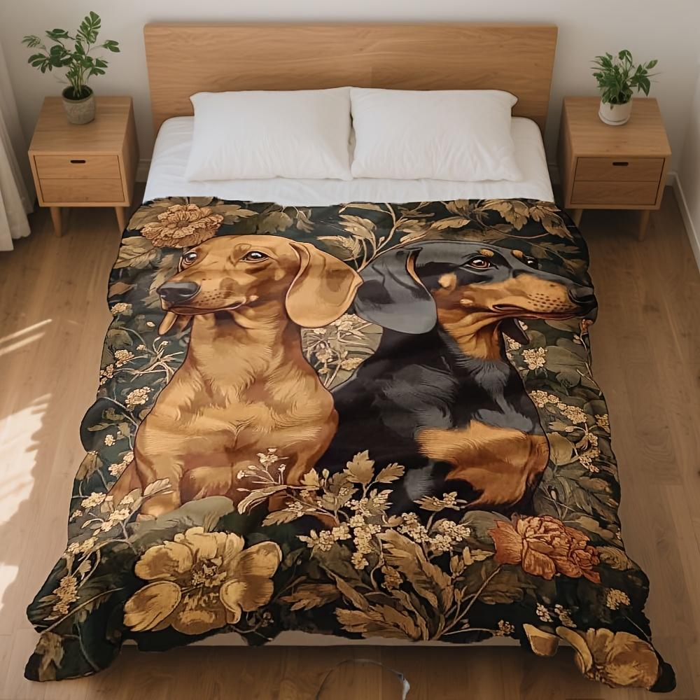 Vintage Dachshund Dogs Floral Frame Throw Blanket - Botanical Fantasy Pattern Cozy Soft Accent for Bed Sofa Office Holiday Gift