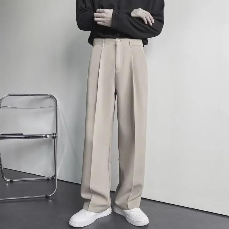 Men's Classic Solid Color Pleated Casual Trousers - Versatile, Loose-Fit for Spring and Autumn, Korean Business Style