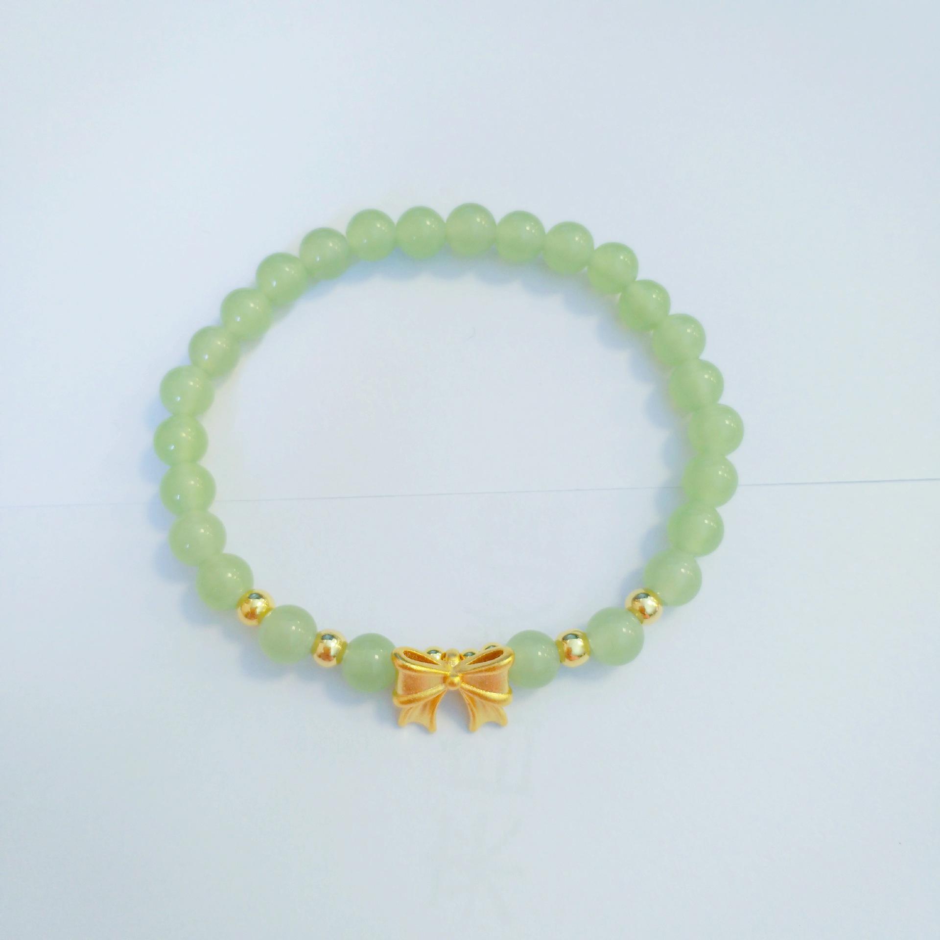 Vietnamese Sand Gold Bow Bracelet with Imitation Hetian Jade & Brass Gold-Plated Bells