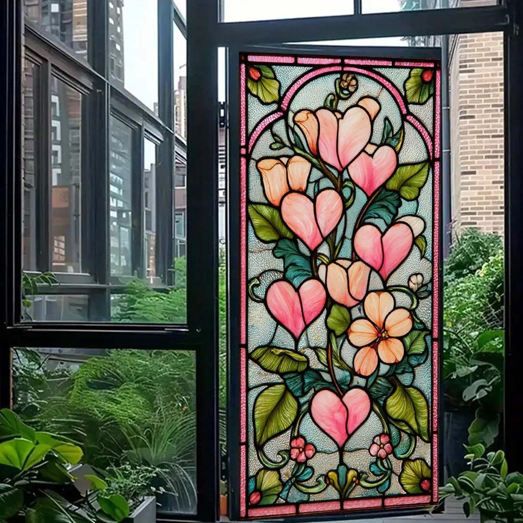 Retro-style Stained Glass Flower Window Stickers with Artistic Elements - Self-adhesive, Seamless Stickers
