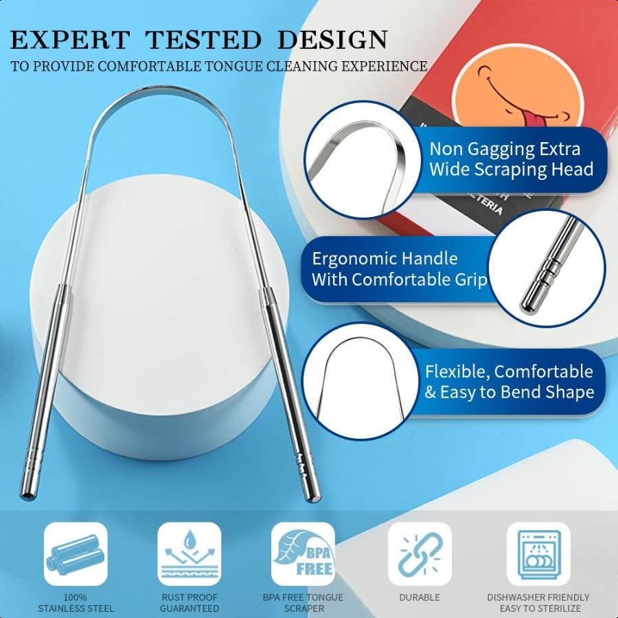 

Скребок для языка из нержавеющей стали 4 шт. Не содержит БФА Легкий в использовании Бережный к языку Способствует свежему дыханию и гигиене полости рта Прочный Устойчивый к ржавчине United States