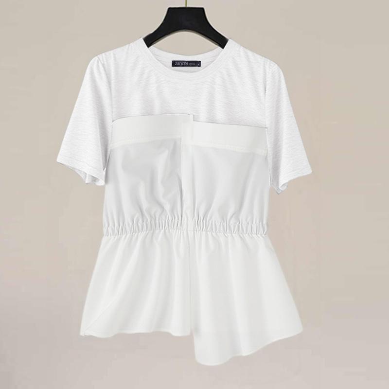 

ZANZEA Женские повседневные футболки с круглым вырезом, коротким рукавом, пэчворком и неровным низом S