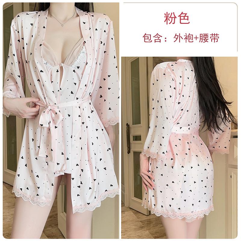 Women's French Satin Low Cut Front Slit Sleep Dress with Robe Lounge Set