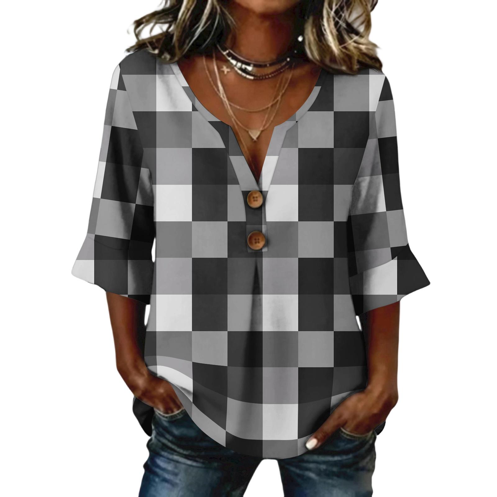 

Ladies plaid printed button casual V-neck fashionable seven quarter sleeve top M