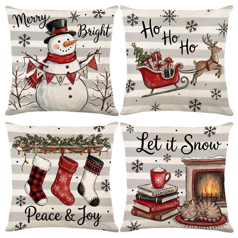 Christmas Theme Short Plush Pillow Cover Set Holiday Print Cushion Case for Living Room Sofa Home Decor 45x45cm
