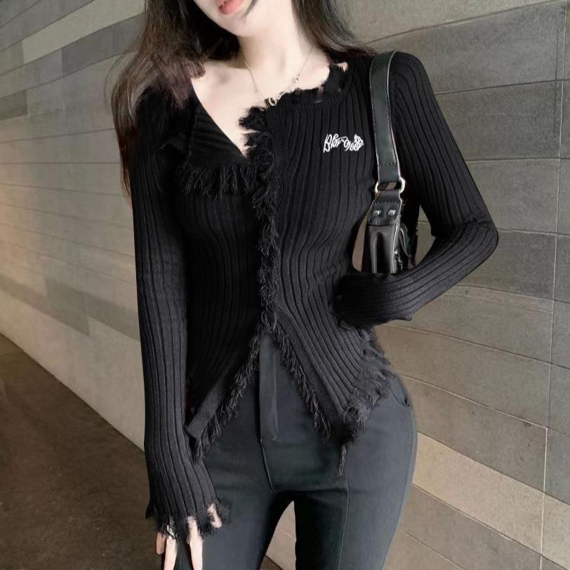 Women's Autumn Winter Frayed Edge V-Neck Sweater: Slimming, Flattering Niche Knitwear Cardigan