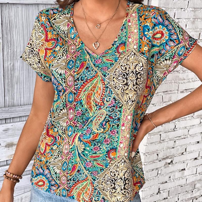 Bluză de femei retro imprimeu boemă de vară Topuri casual Elegante de plajă cu mâneci scurte cămăși largi pentru femei Moda vacanță bluze pentru femei 24482