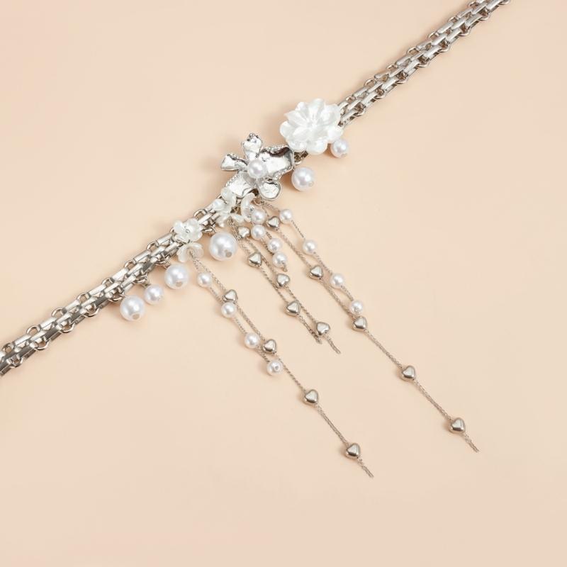 Elegant Flower Design Necklace With Dangling Beaded Tassels Adjustable Length Romance Pearls Accessory