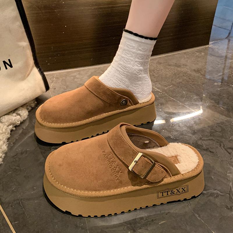 Thick-soled Fluffy Shoes Slippers Women's New Autumn and Winter Outer Wear Velvet Warm Snow Boots Bag Head Half Slippers