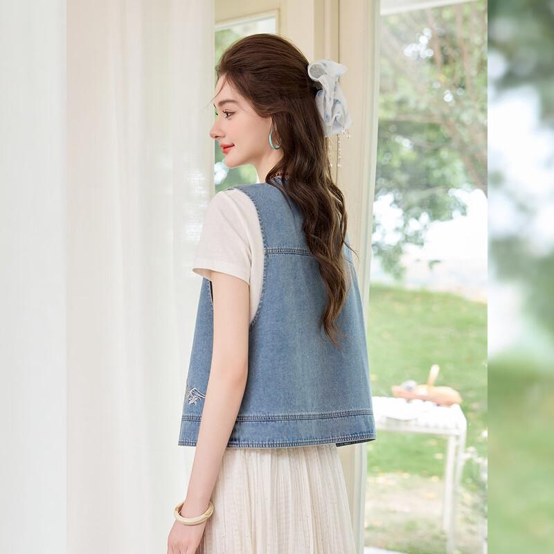 Bailuyu Vintage Washed Denim V-neck Embroidered Vest