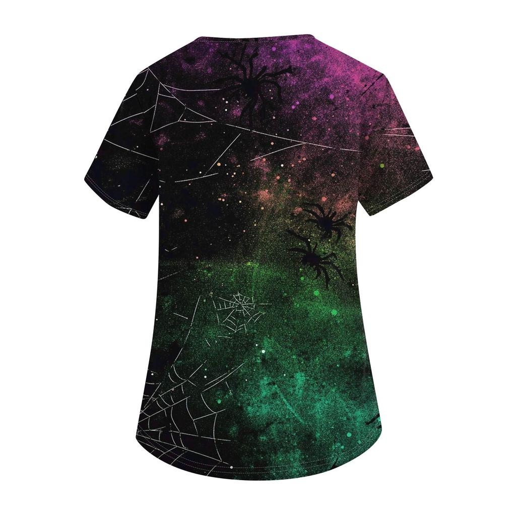 Women's Fashion V-neck Short-sleeved Work Uniform With Pockets, Halloween Print Top