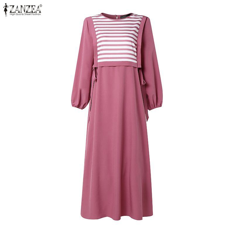 ZANZEA Robe longue décontractée pour femme à col rond, manches longues, coupe ample, patchwork à rayures