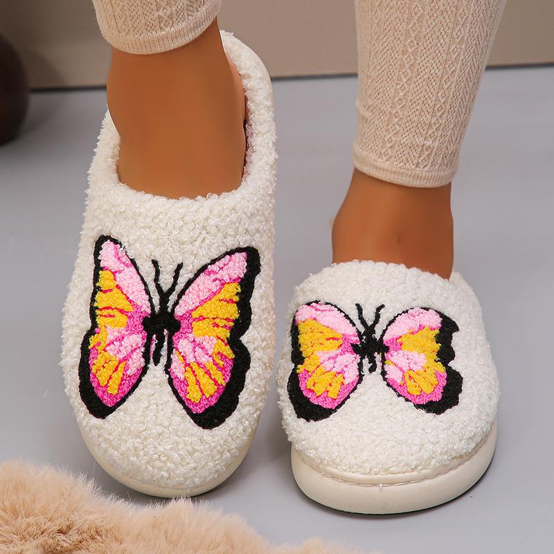 Pink Butterfly Winter Slippers Women Fashion Print Thicken Plush House Slippers Woman Indoor Non-Slip Keep Warm Cotton Slides