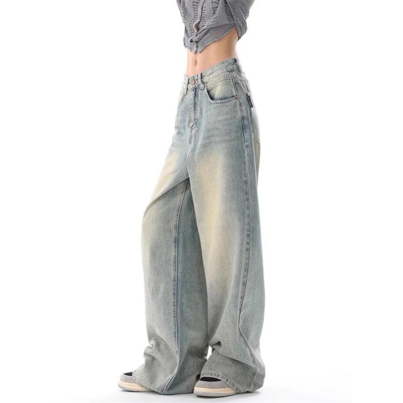 Kadın Amerikan Vintage Yıkanmış İnce Kot Sokak Rahat Nötr Stil Mavi Kot Pantolon Kadın Yüksek Bel Düz Pantolon