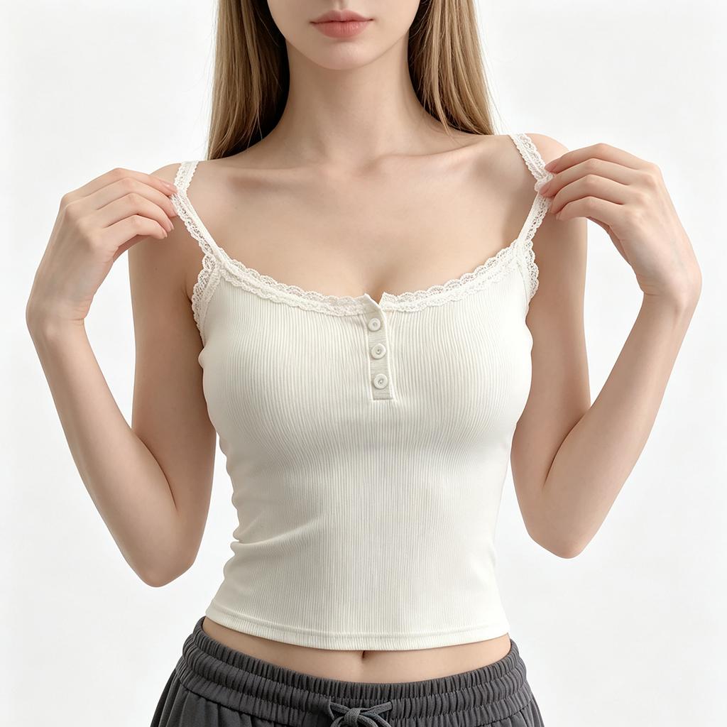 Women's Ribbed Lace Camisole with with Built-in Bra Pads and Buttons,Slim Fit Tank for Women