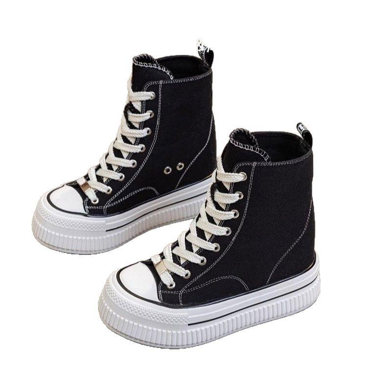 2025 Platform Canvas Shoes Women's Spring and Autumn New 13cm Muffin Shoes Versatile Inner Height Increase Casual Super High Heel High Top Shoes