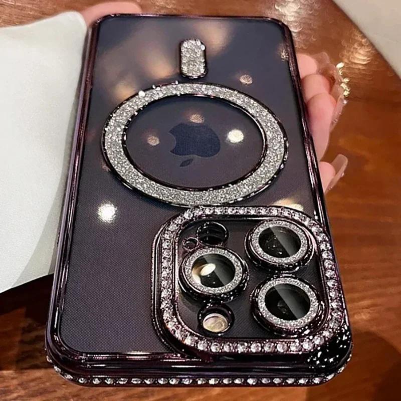Nové módní třpytivé diamantové průhledné pouzdro pro iPhone 16 15 14 Plus 13 12 11 Pro Max magnetický kryt zad pro bezdrátové nabíjení
