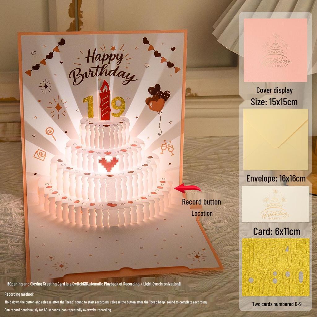 3D Pop-Up Geburtstags-Soundkarte mit Aufnahme-Licht - Kuchen-Design für Freund/Freundin Geschenk