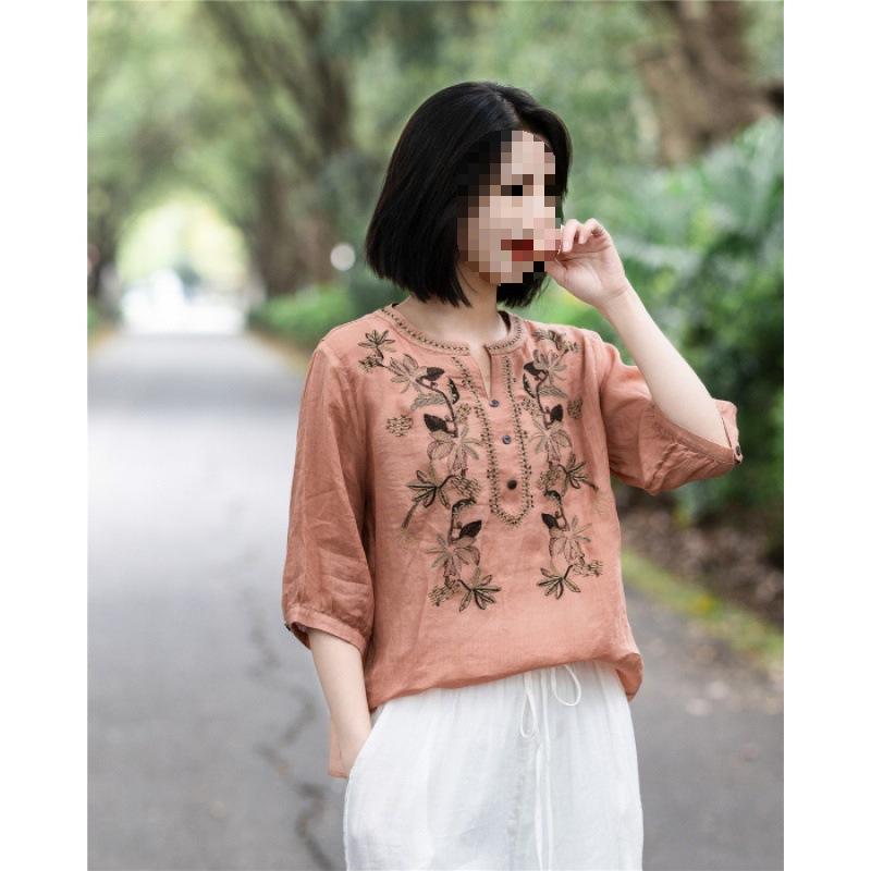 Summer Women's Fashion Embroidery Spliced V Neck Shirt Clothing Vintage Loose Casual Half Sleeve Blouse Soft Solid Color