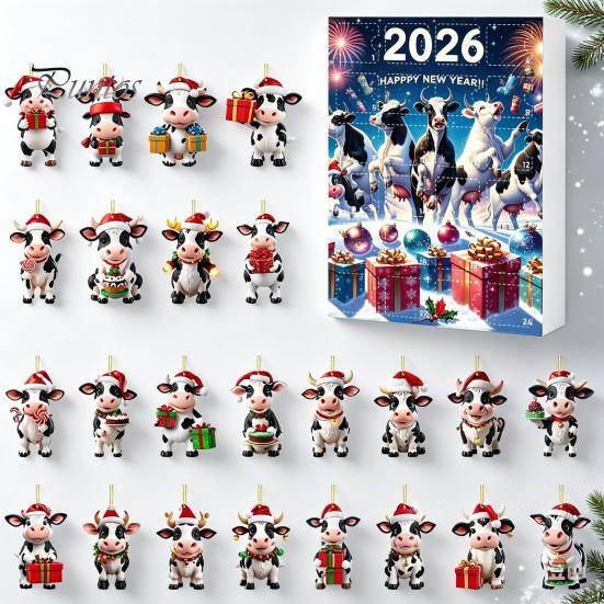 Decorative Ornaments for Backpacks Keys Christmas Cow Ornament Advent Calendar 2026, 24 Days 2D Acrylic Hanging Pendant Creative Holiday Gift
