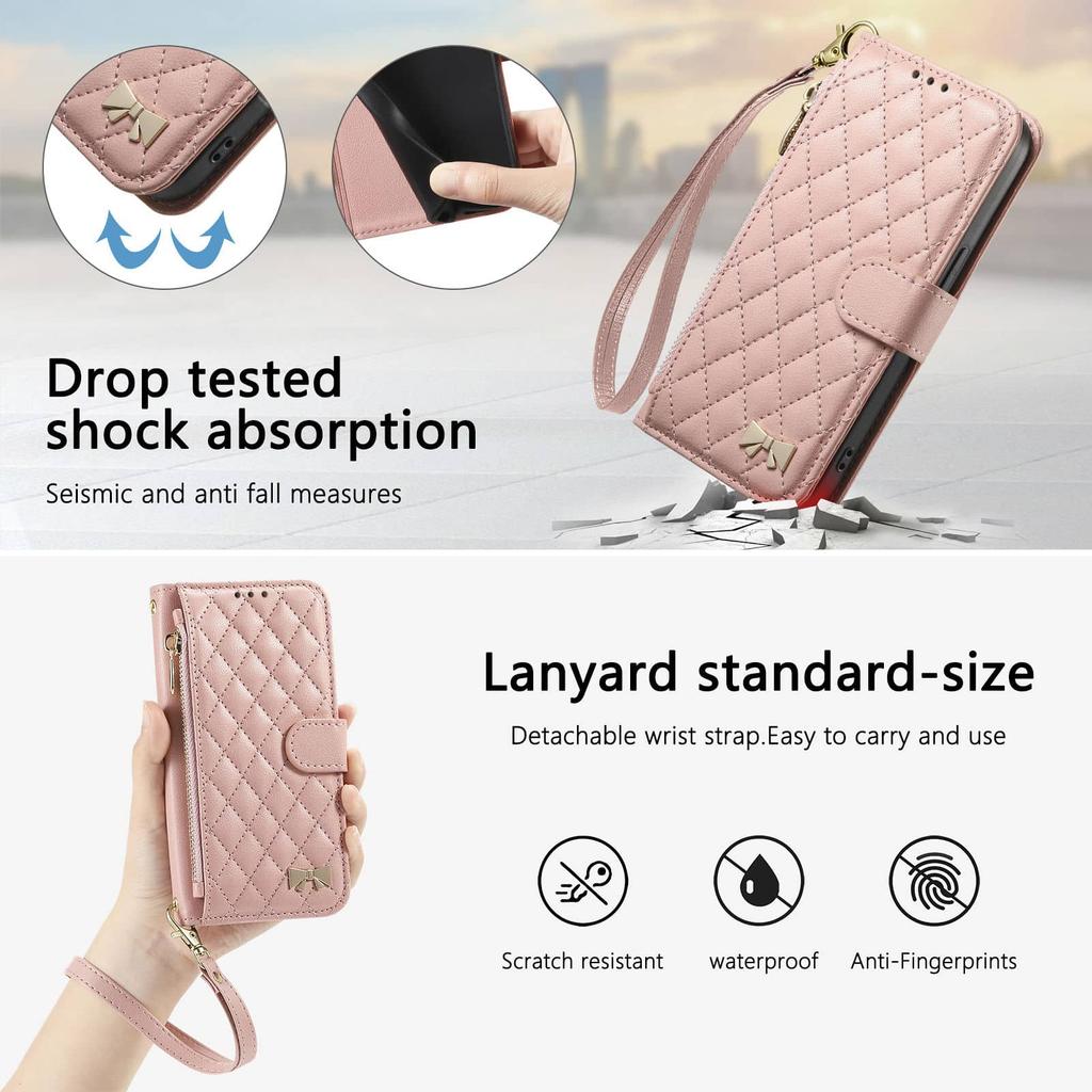For iPhone 17 16 15 14 13 12 Pro Max Crossbody Wallet Case Quilted Leather Zipper Card Holder Flip Cover with Lanyard Strap