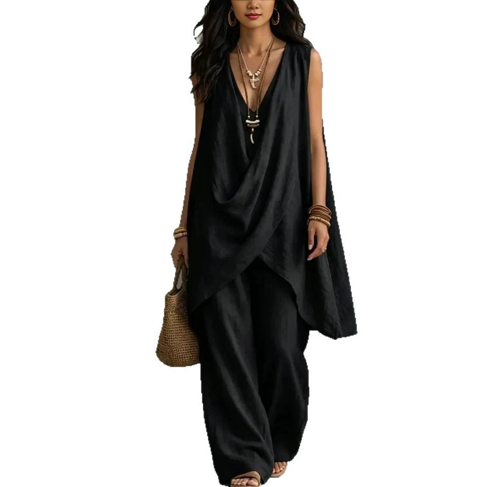 2026 spring and summer cross-border new Amazon women's sleeveless stand-up collar solid color temperament loose cotton and linen fashion style suit