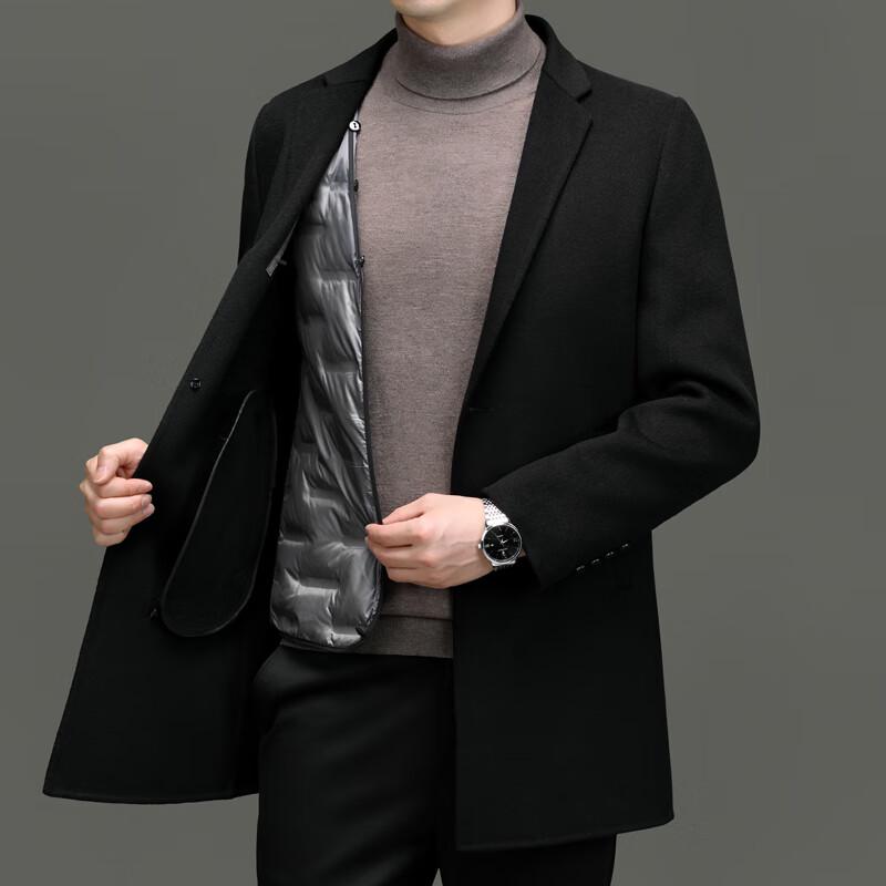 FengXun Men's Mid-Length Wool Blend Coat with Detachable Down Liner
