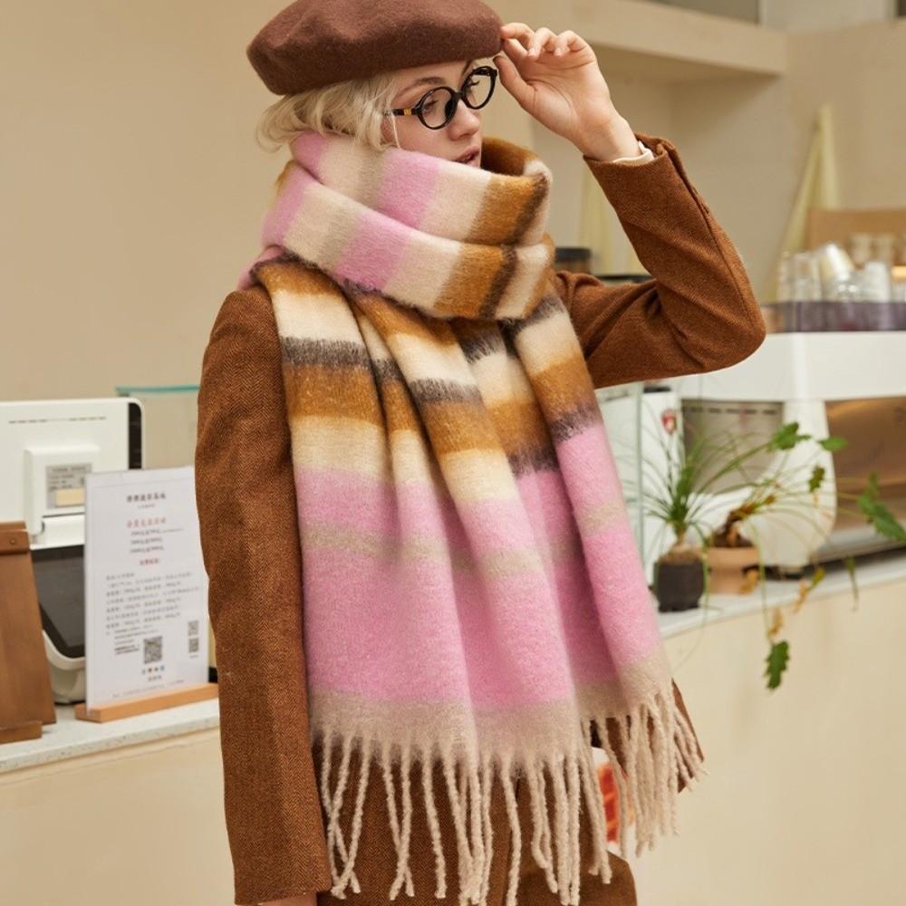 Tassel Stripe Wool Scarf Mohair Long Shawl Elegant Winter Cashmere Scarves Student
