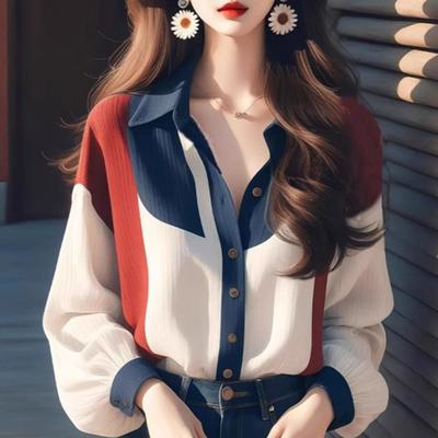Fashion Office Ladies Casual Shirts Tops Single Breasted Loose Color Contrasting Lantern Sleeve Loose Women's Blouses Elegant Simple Woman Shirt 26081