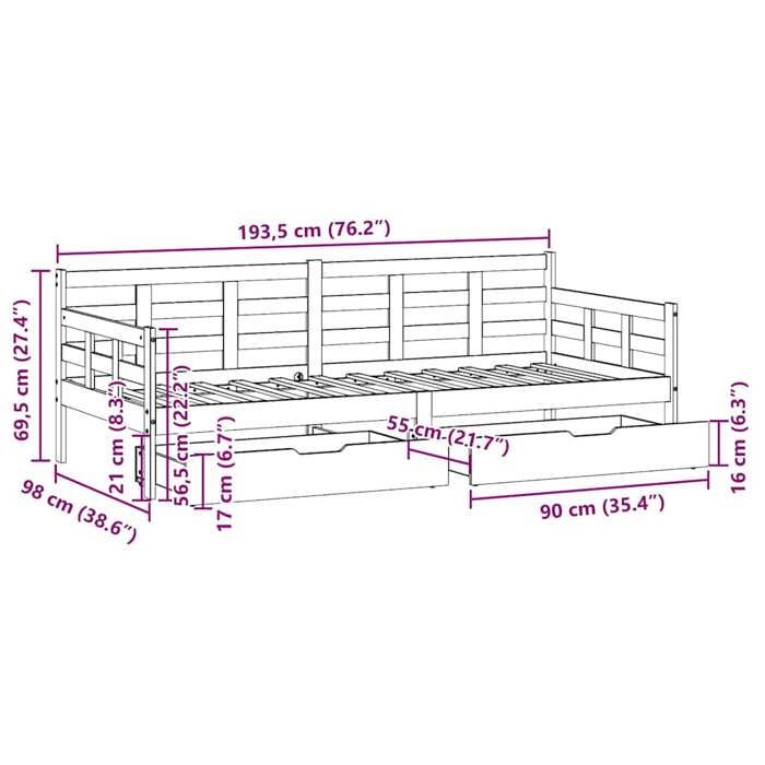 VidaXL Daybed with Drawers Without Mattress 90x190 Cm Solid Wood 3302142