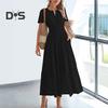 Women's Summer Maxi Dress Casual V-Neck Short Sleeve Tiered Flowy Dress Smocked Waist Pleated Long Dress