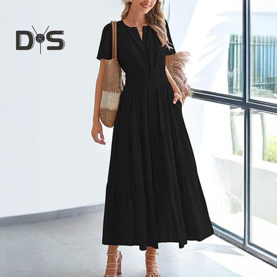 Women's Summer Maxi Dress Casual V-Neck Short Sleeve Tiered Flowy Dress Smocked Waist Pleated Long Dress