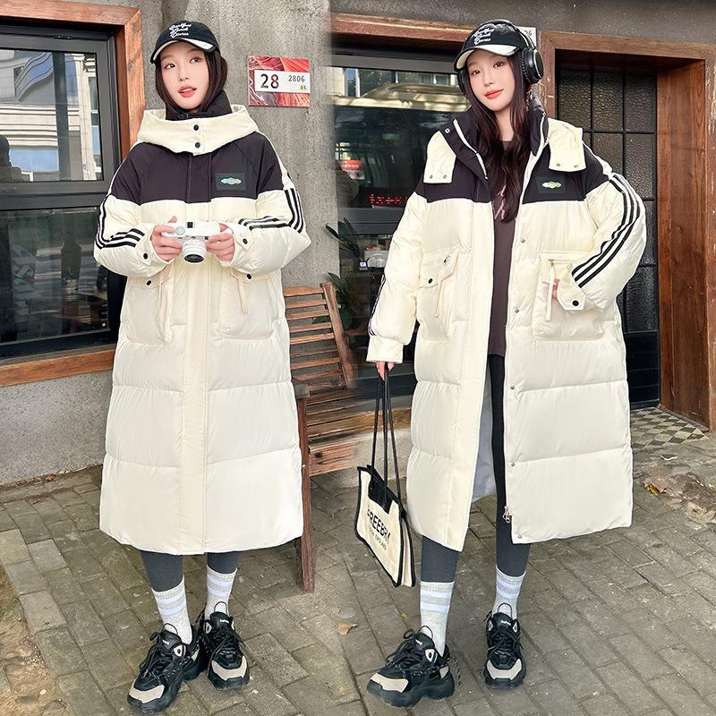 Fashion Down Cotton-padded Clothes Women's Hooded Jacket Over the Knee Loose and Thin Contrasting Colors Long Cotton-padded Jacket Trendy