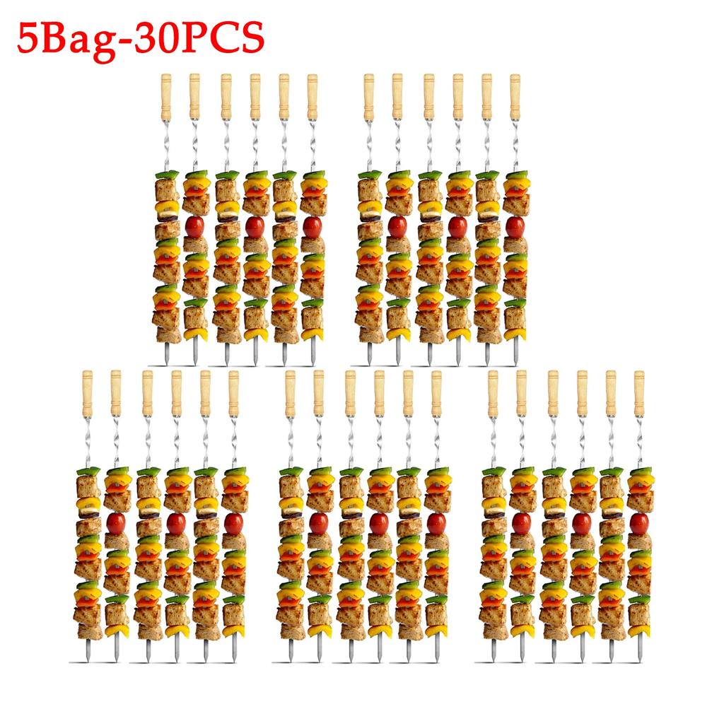 30PCS Barbecue Flat Stick Steel Brazier Wooden Handle Big Flat Stick Outdoor Barbecue Tools Stainless Steel Barbecue Stick