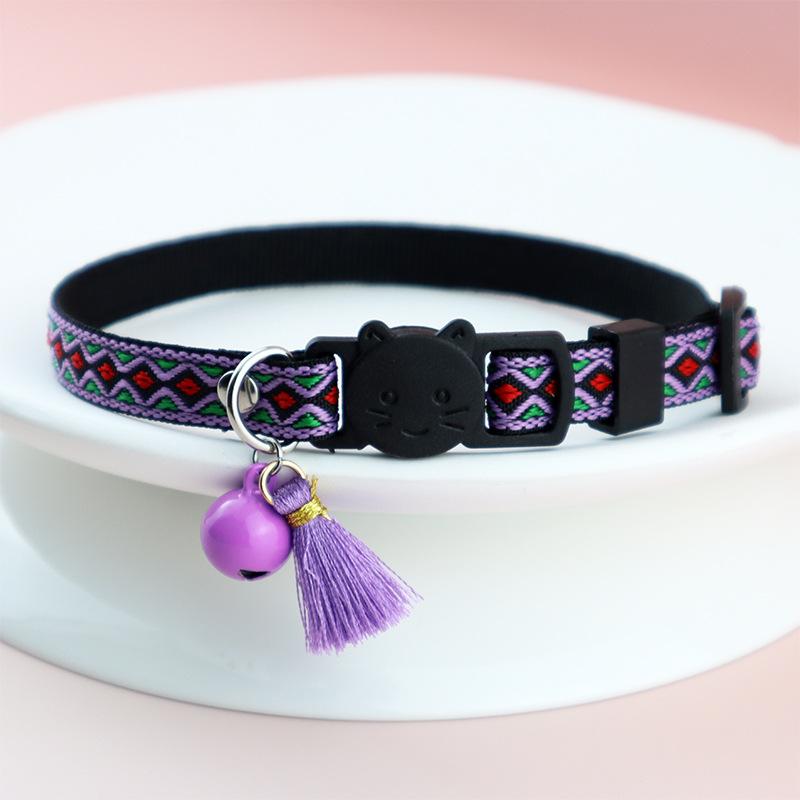 Pet Cat Collar Bell Tassel Colorful Rhombus Ethnic Style Pet Collar Adjustable Cat Collars for Kitten and Puppy Pet Accessories