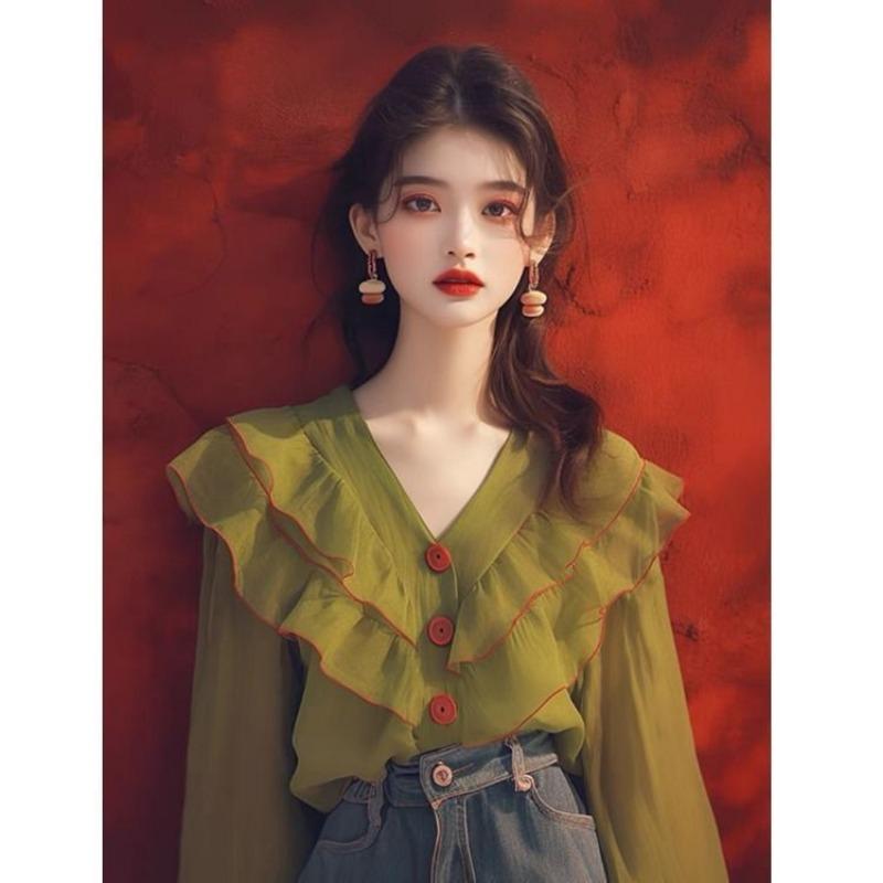 Women V Neck Ruffled Trim Long Sleeve Chiffon Blouse S зелёный