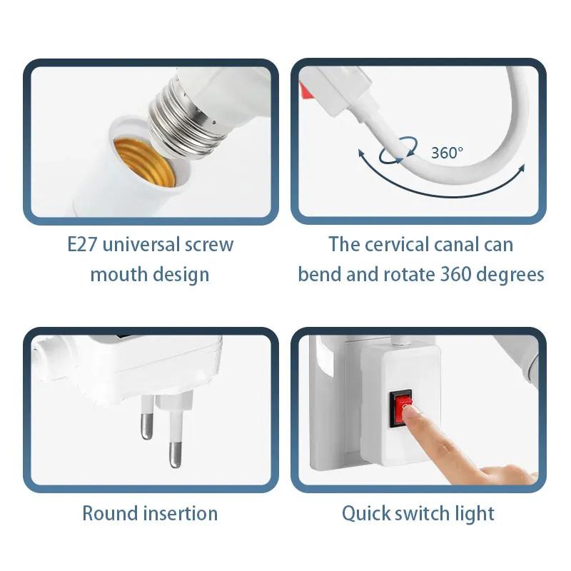 EU Plug E27 Socket Bulb Holder Direct Plug In Swivel Head With Switch LED Table Lamp Socket Stainless Steel Hose Steering Lever