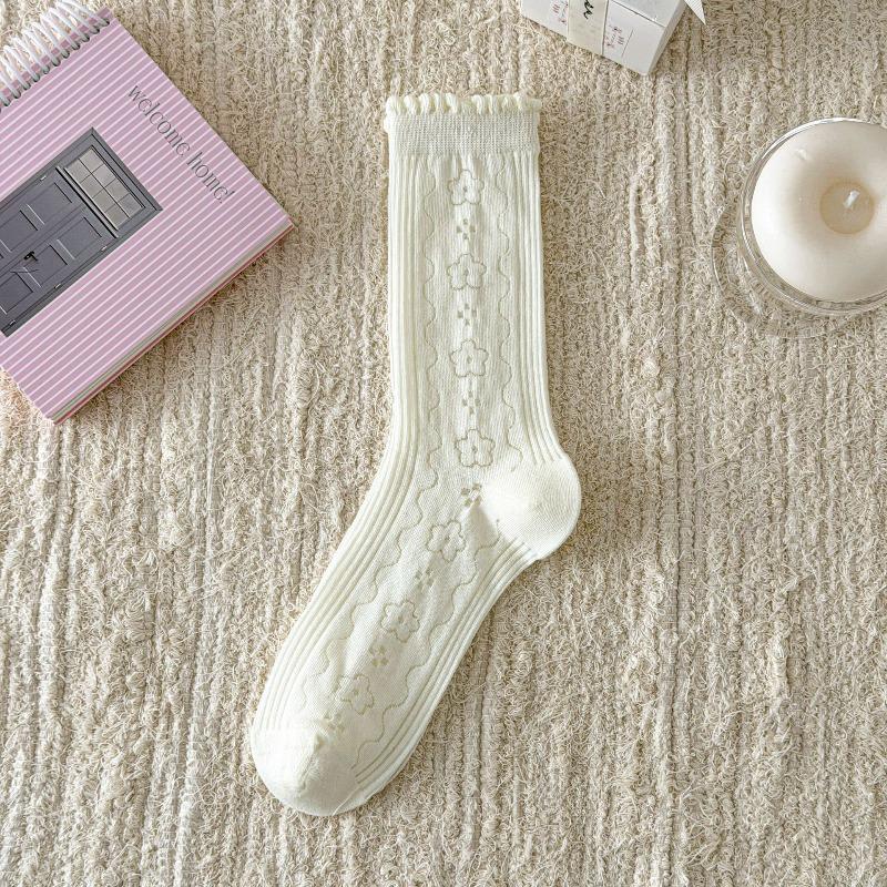 Spring/Summer Lightweight Children's Lace-Free Breathable Ear-Notched Padded Stockings with Bubble Edges and Lace Mid-Calf Length Socks