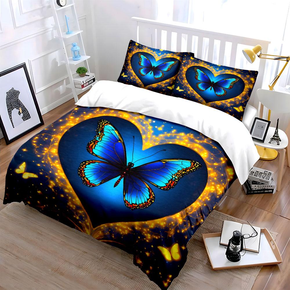 Blue Butterfly Heart Design Set Exquisite Three-Piece Bedding Set Gift For Kids And Adults