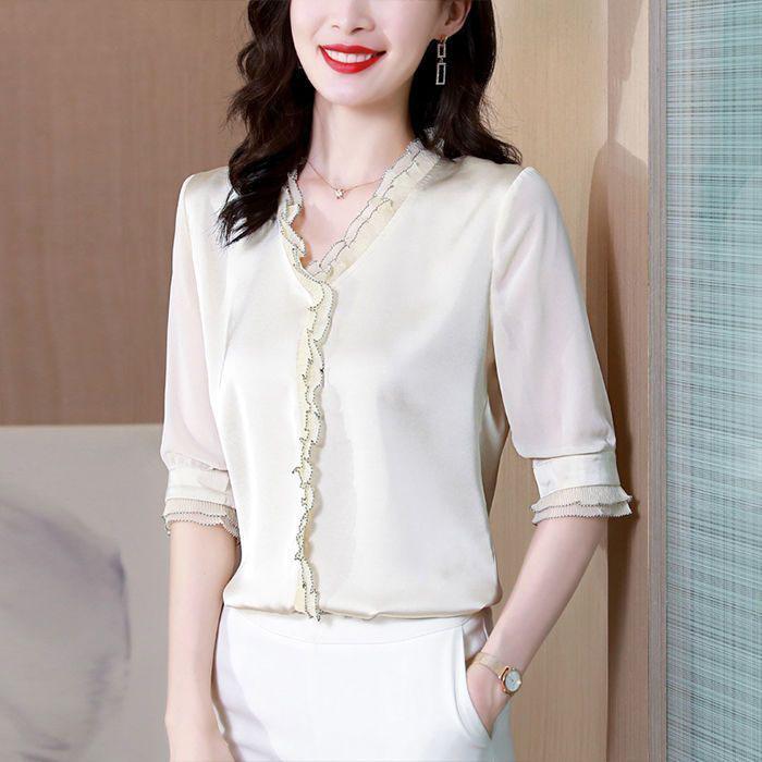 

Элегантная женская шифоновая рубашка корейская блузка офисная кружевная сетка длинный рукав оборки V-образный вырез топы повседневные винтажные пуловеры блузы XXL