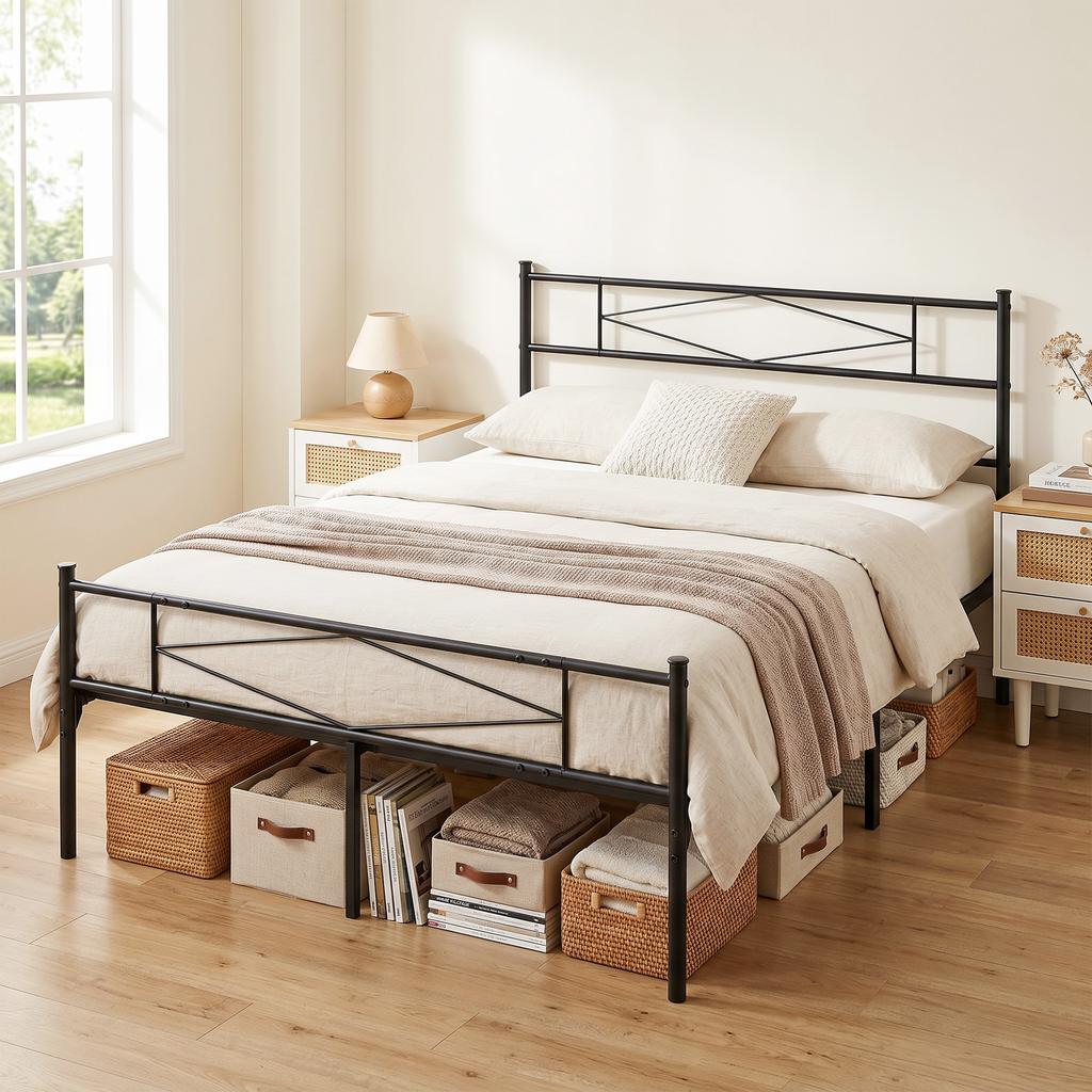 4ft6 Double Bed Frame with Headboard and Footboard, Metal Platform Bed Frame with 32 cm Underbed Storage, Black