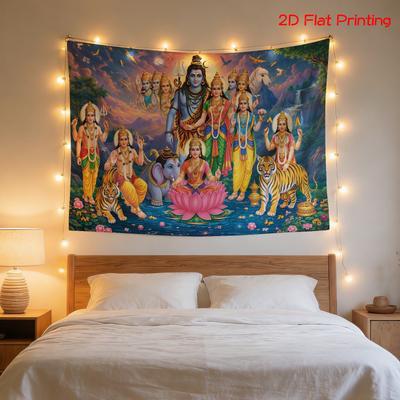 Vibrant Hindu God Deities Wall Tapestry Spiritual Decor Krishna Yoga Meditation Print Hanging Cloth for Indian Mythology Home Ac