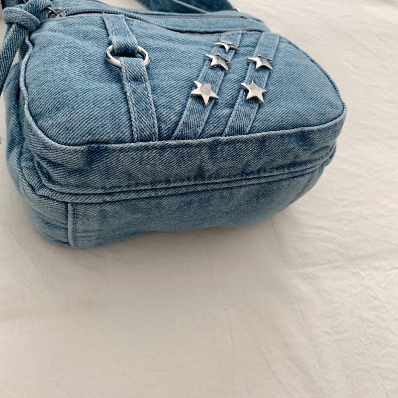 Washed Denim Crossbody Bag for Women Multi-Zipper Star Stud Casual Small Shoulder Purse